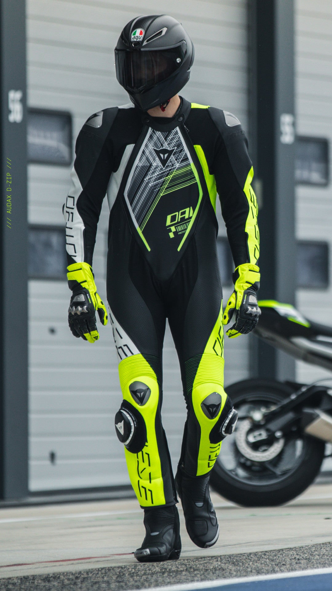 Dainese Audax D-Zip one-piece leather combination-perforated racing suit | Men | Black/neon yellow