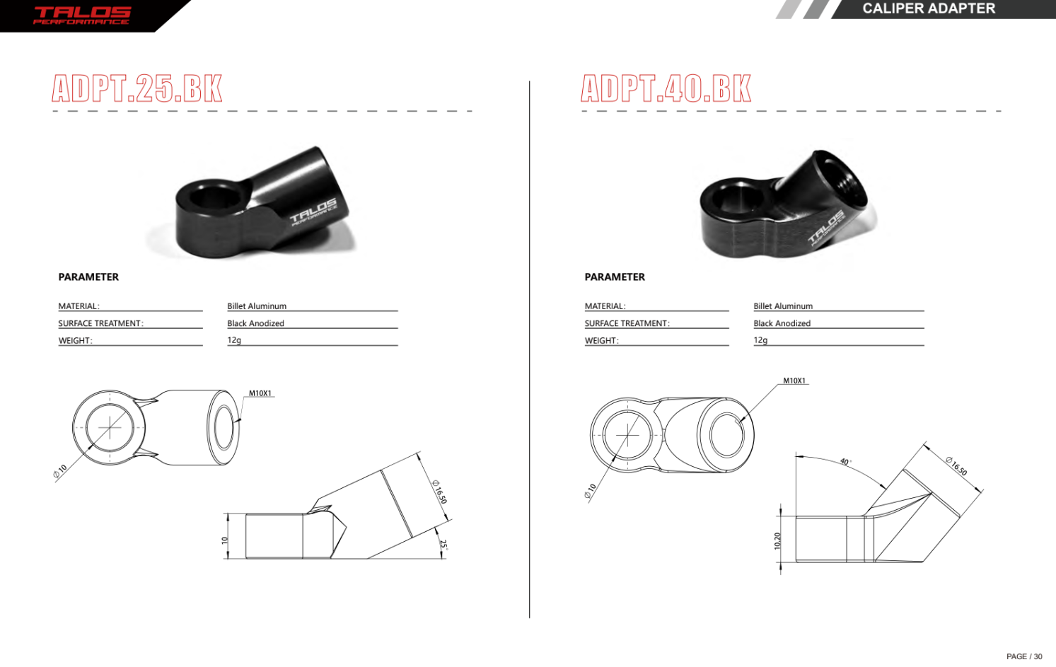 TALOS brake caliper connection adapter with 25° or 40° angle, for quick release couplings with M10x1.0 connection thread, such as STÄUBLI SPH.03.7410 etc. 
