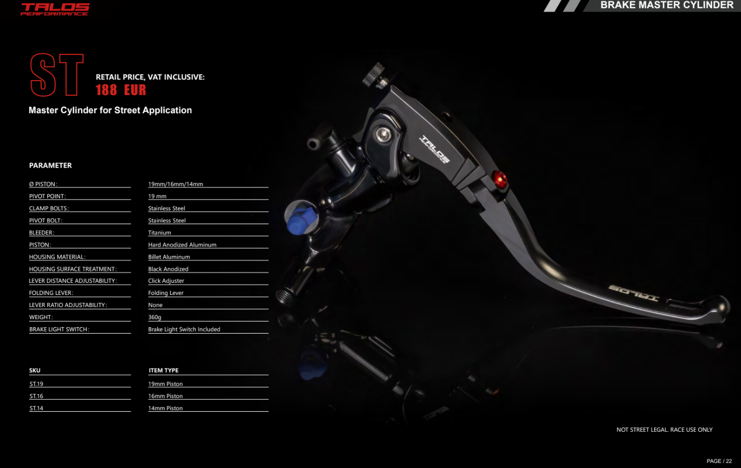 Talos CNC ST Radial Racing Brake Master Cylinder 16mm| ST.16 