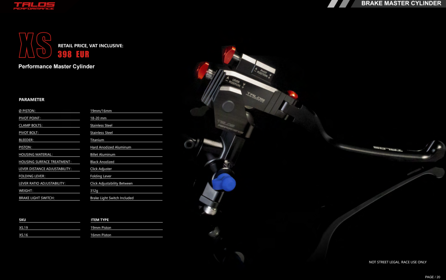 Talos CNC XS Radial Racing Brake Master Cylinder 16x18-20 | XS.16 