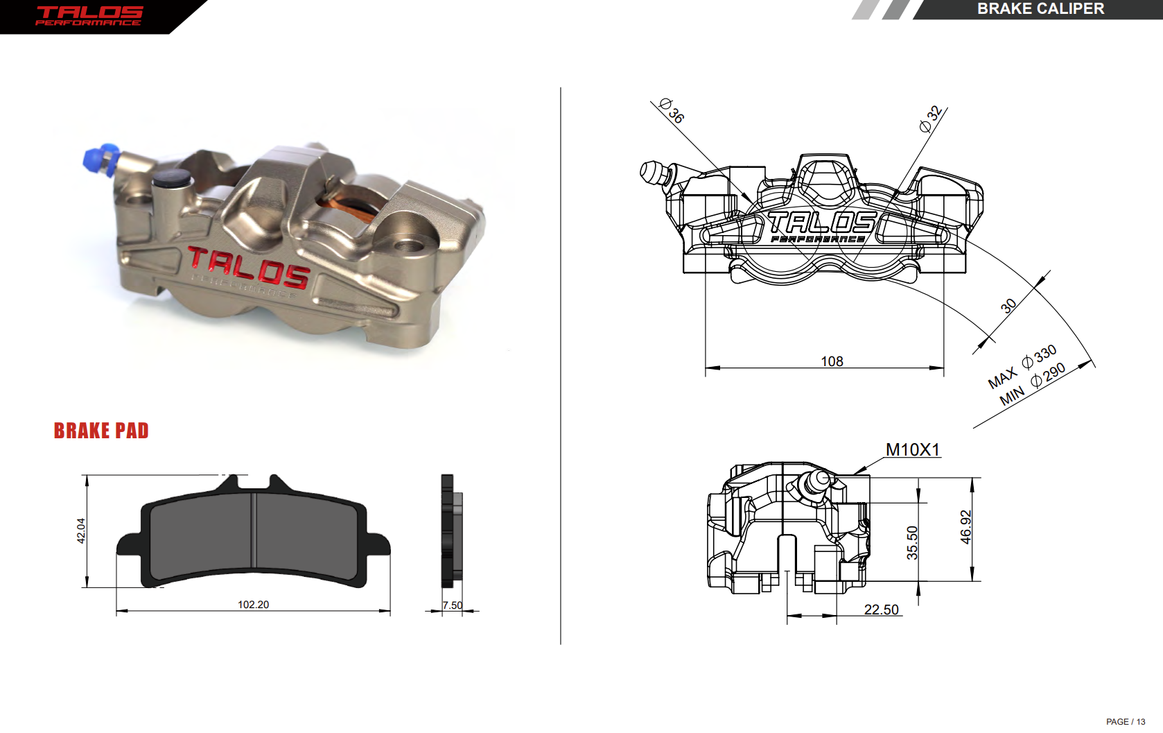 Talos X50 Two Piece P4 32/36 108mm Brake Caliper Front Left | X50.108.HD.L 