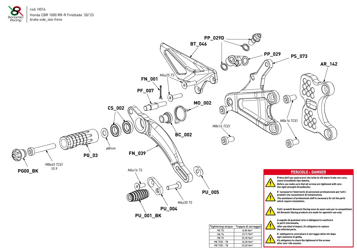 Footrest system Bonamici Racing Honda CBR 1000 RR-R SC82 (20-25) H016 