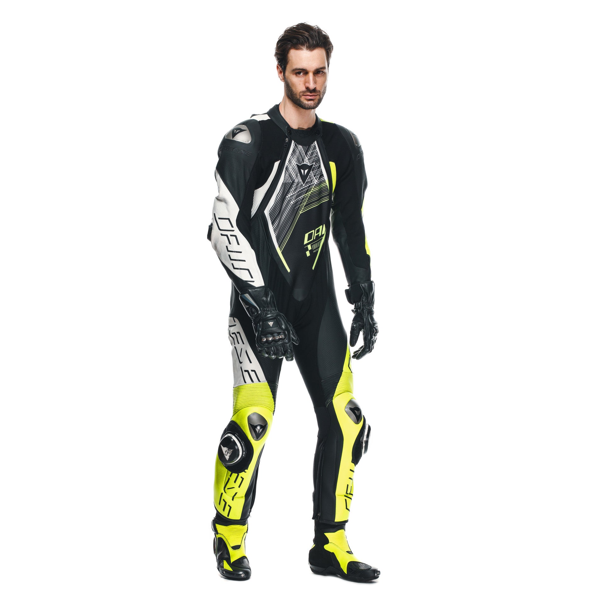 Dainese Audax D-Zip one-piece leather combination-perforated racing suit | Men | Black/neon yellow