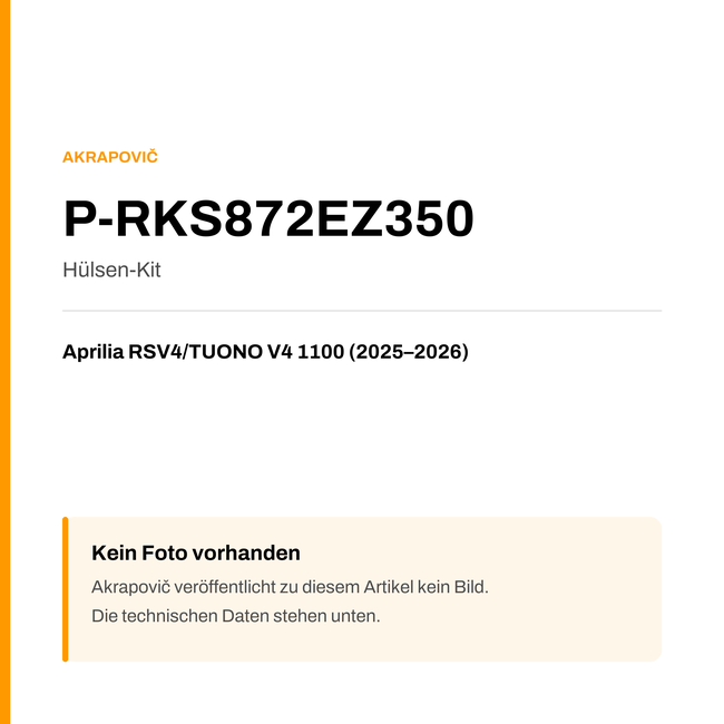 Akrapovic Hülsen-Kit Aprilia RSV4 / TUONO V4 1100 (25-26) P-RKS872EZ350 — Platzhalter, kein Herstellerfoto verfügbar