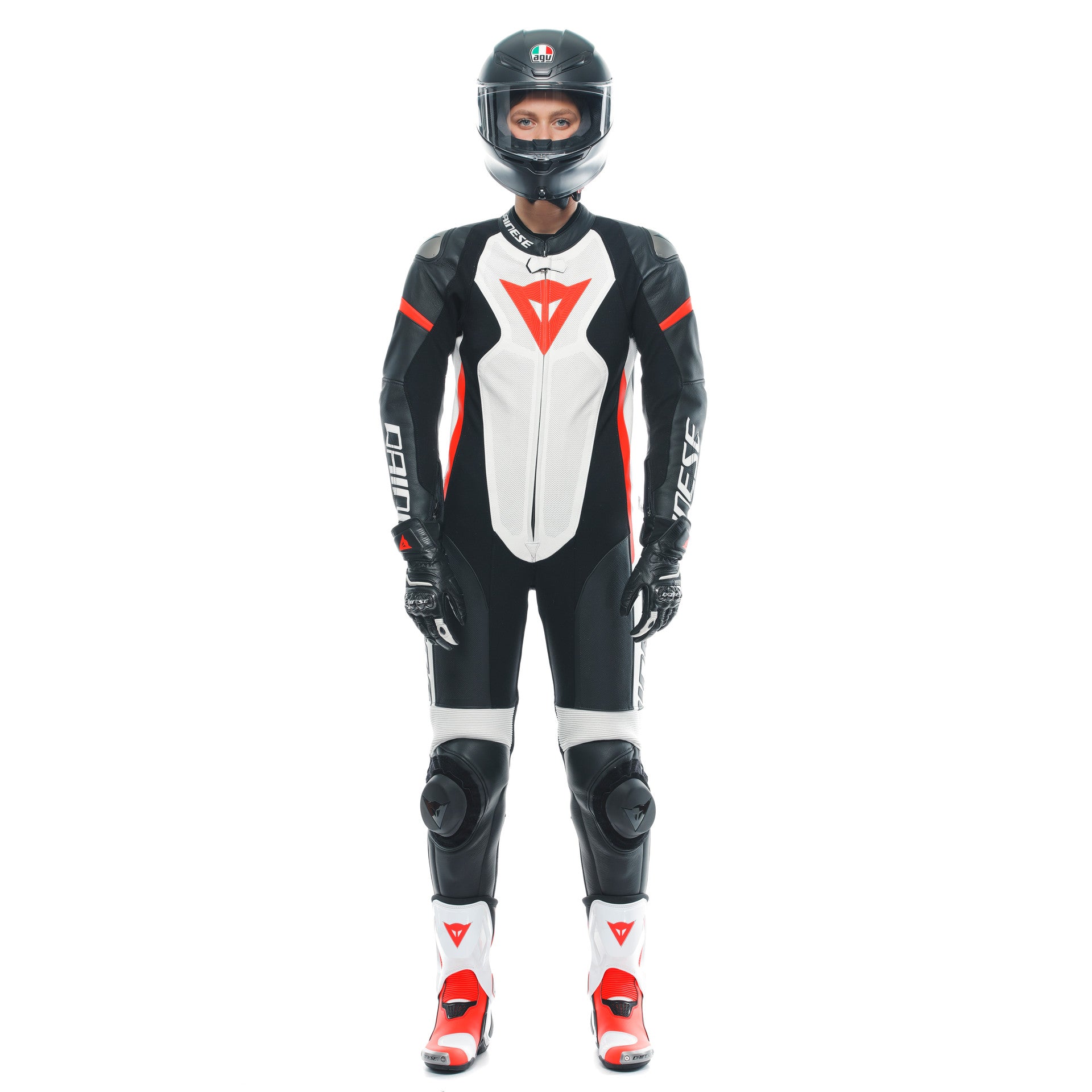 Dainese Grobnik Lady Mono de cuero – Traje de carrera perforado | Mujeres | Blanco/Rojo 
