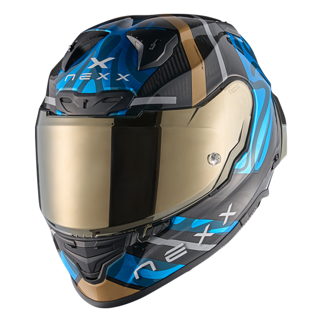 Nexx X.R3R Helmet Swirl Carbon Sky Blue Gold 01XR323489780 
