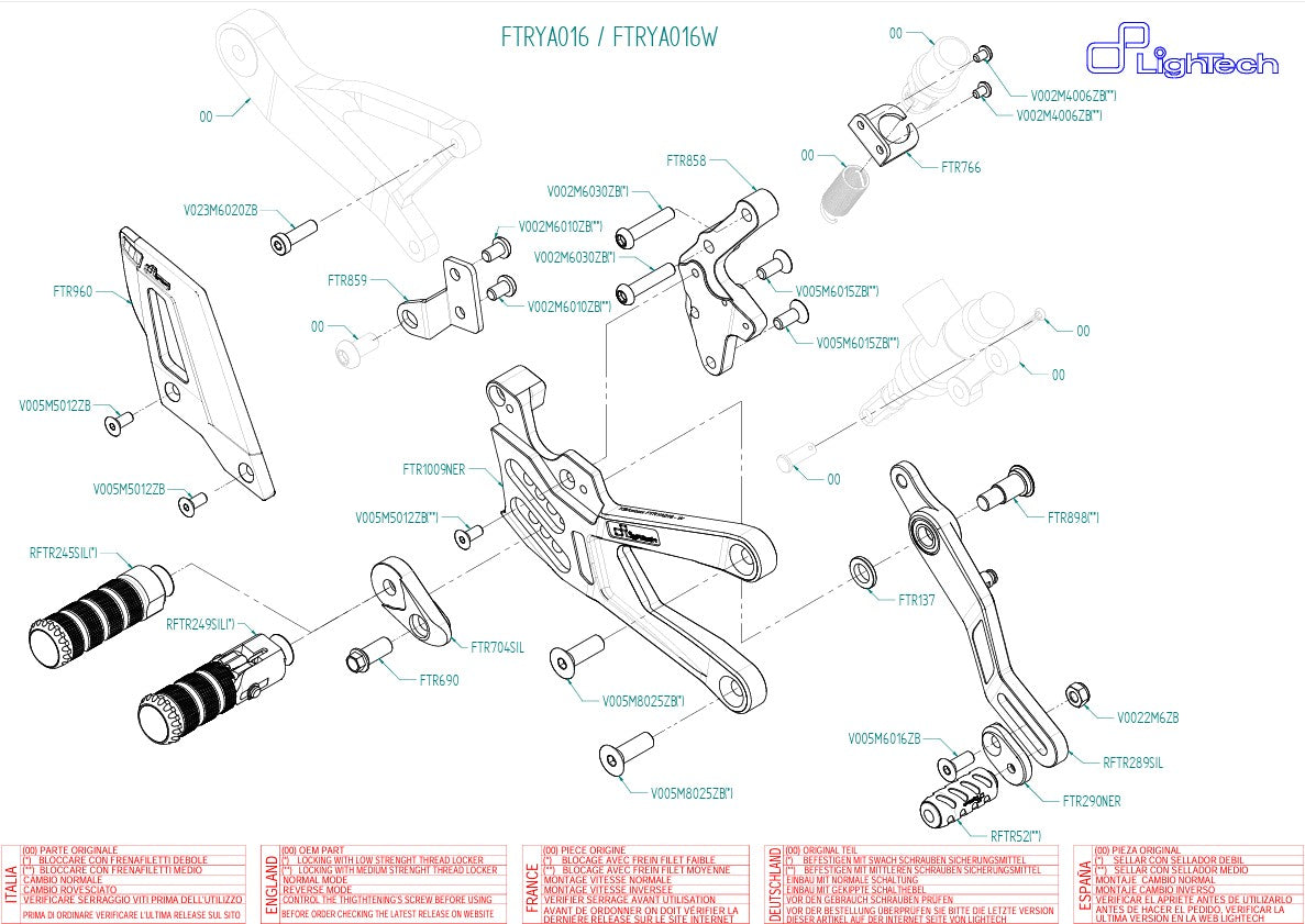 LighTech footrest system Yamaha YZF-R1/M RN32, RN49 & RN65 (15-26) FTRYA016 