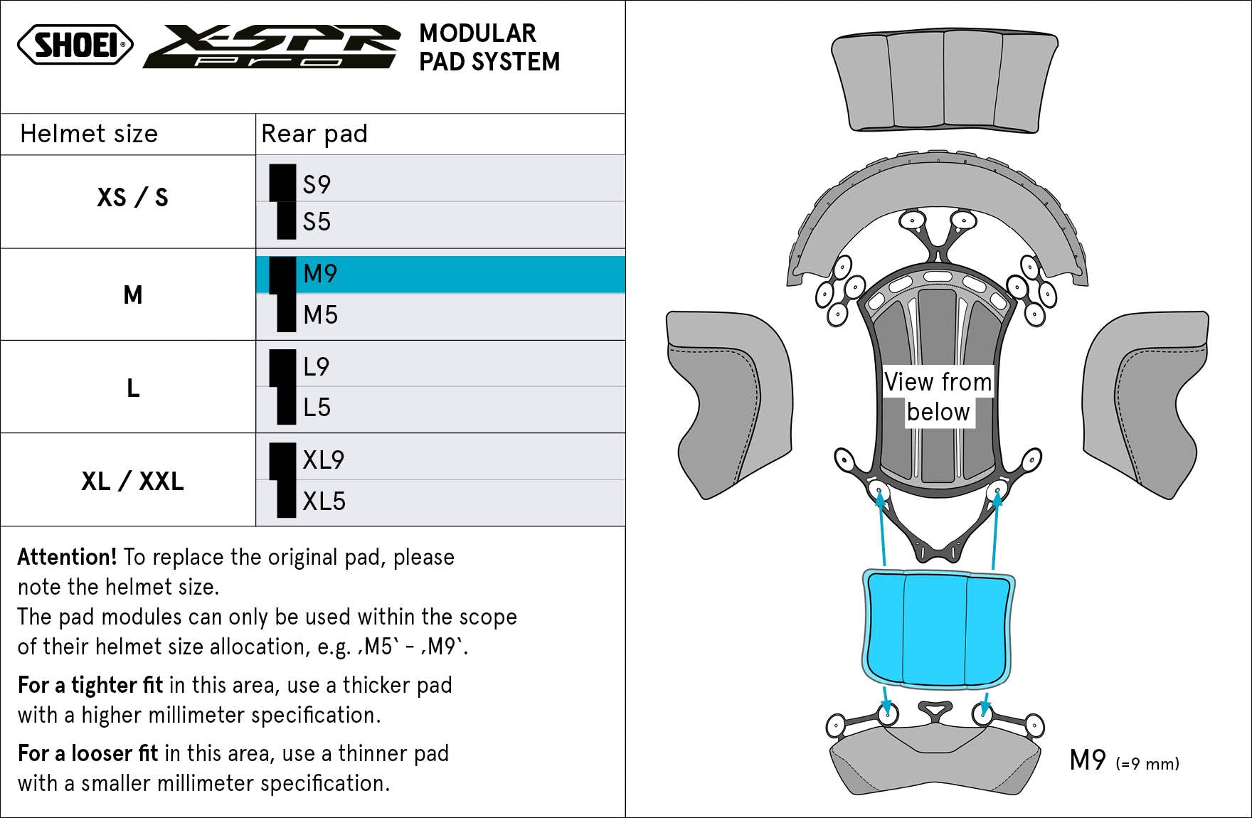 Shoei head pad behind M9 (XPro) Type-P for X-SRE Pro
