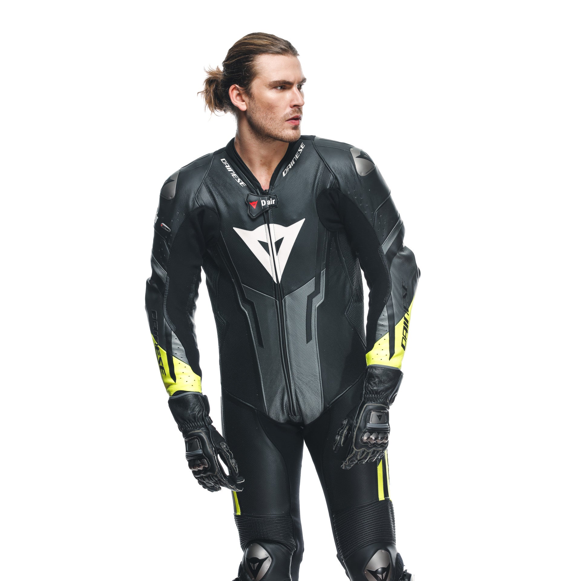 Dainese Misano 3 D-AIR® one-piece leather combination-perforated airbag racing suit | Men | Black/neon yellow