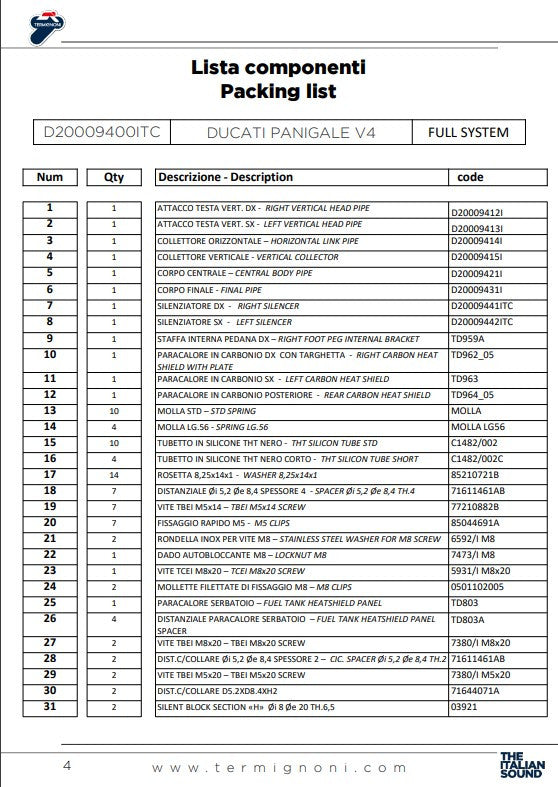 Termignoni complete system Stainless steel D200 Rht Ducati Panigale V4 R (19-24) D20009400ITC
