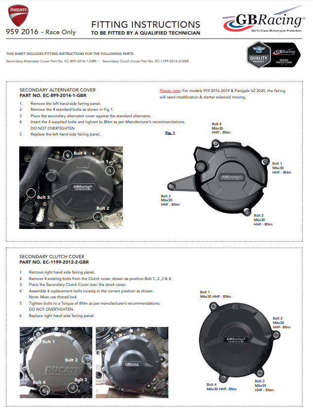 Cubierta de motor Protectores Juego completo GBRacing Ducati Panigale 959 (16-19) 